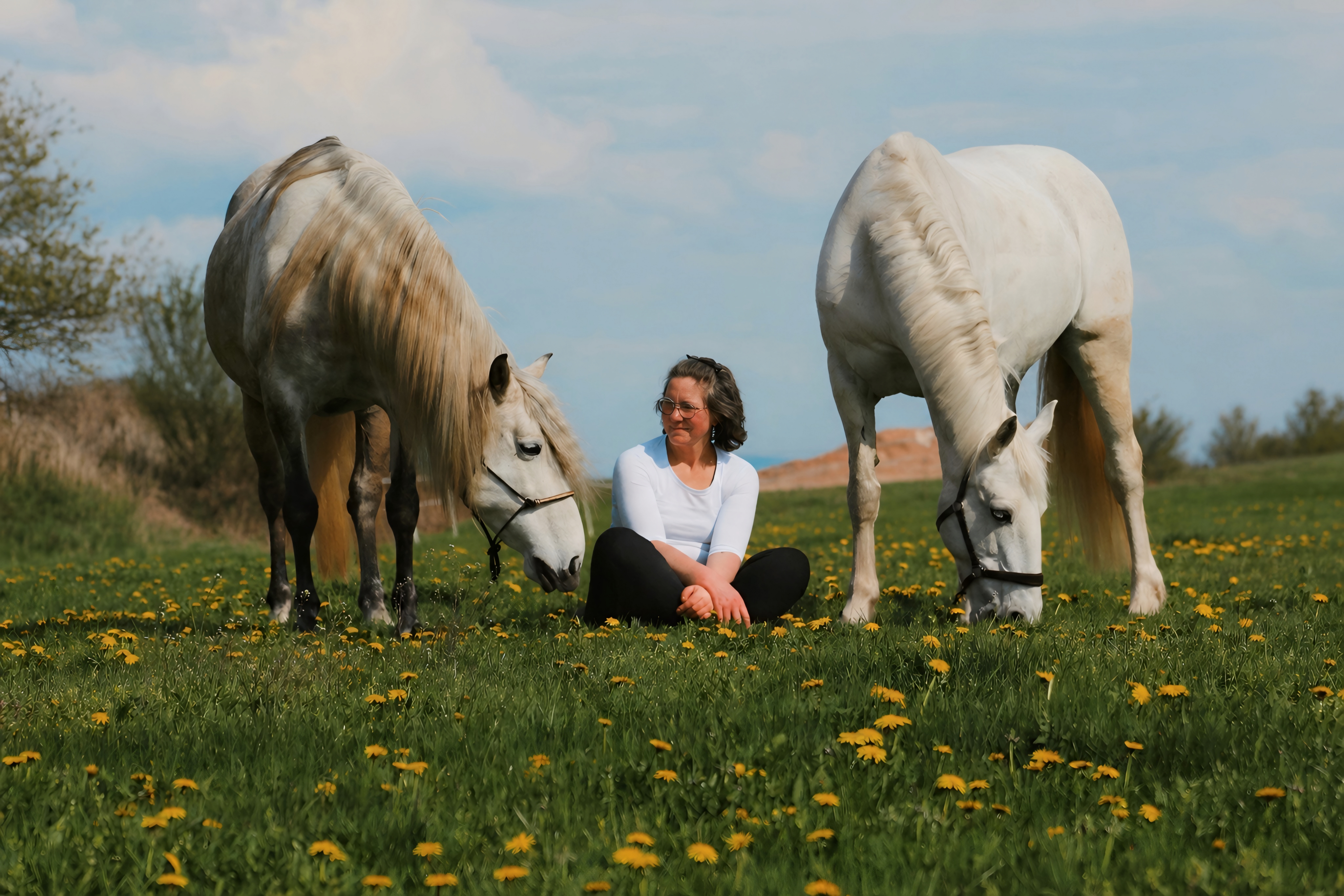 Annekatrin mit ihren Pferden auf einer Wiese